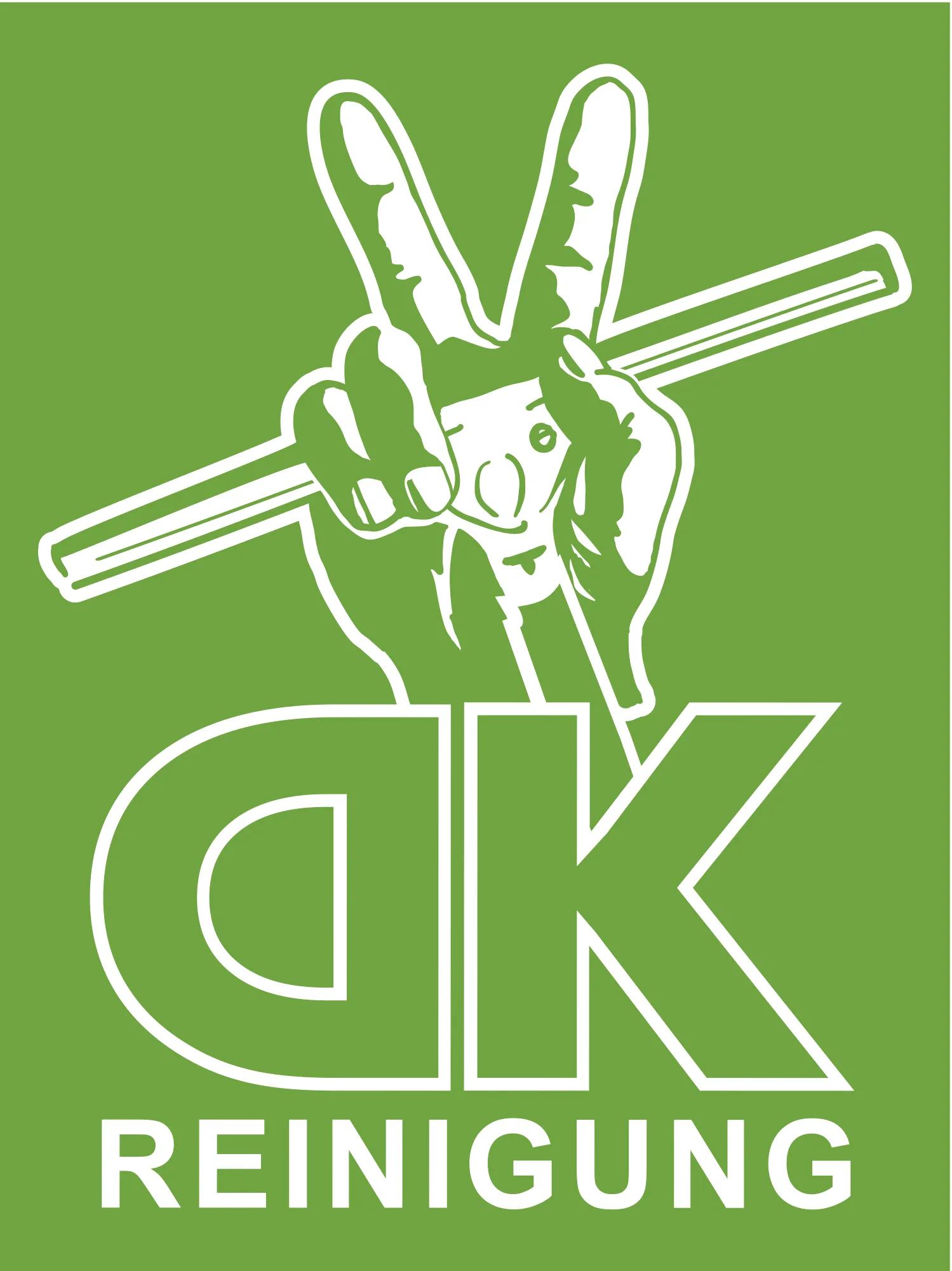 Logo von DK-Gebäudereinigung: eine Hand mit Fensterabzieher über dem Schriftzug DK Reinigung